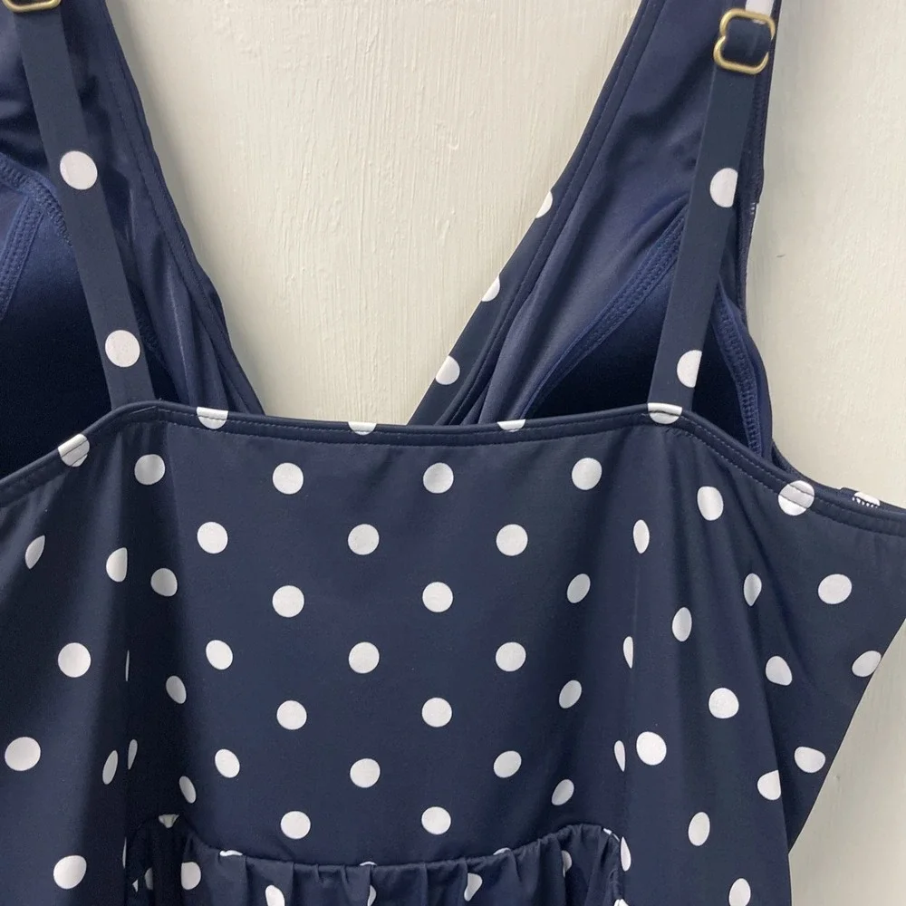 Lands' End Swim Dress Women 14 Polka Dot Twist Front V-Neck Modest One Piece